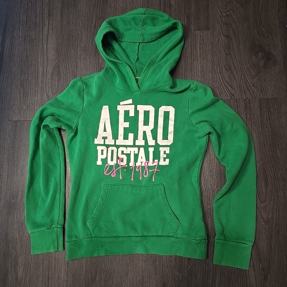 Junior Women's Aeropostale Hoodie Green Pink Sweatshirt Pullover - Medium M